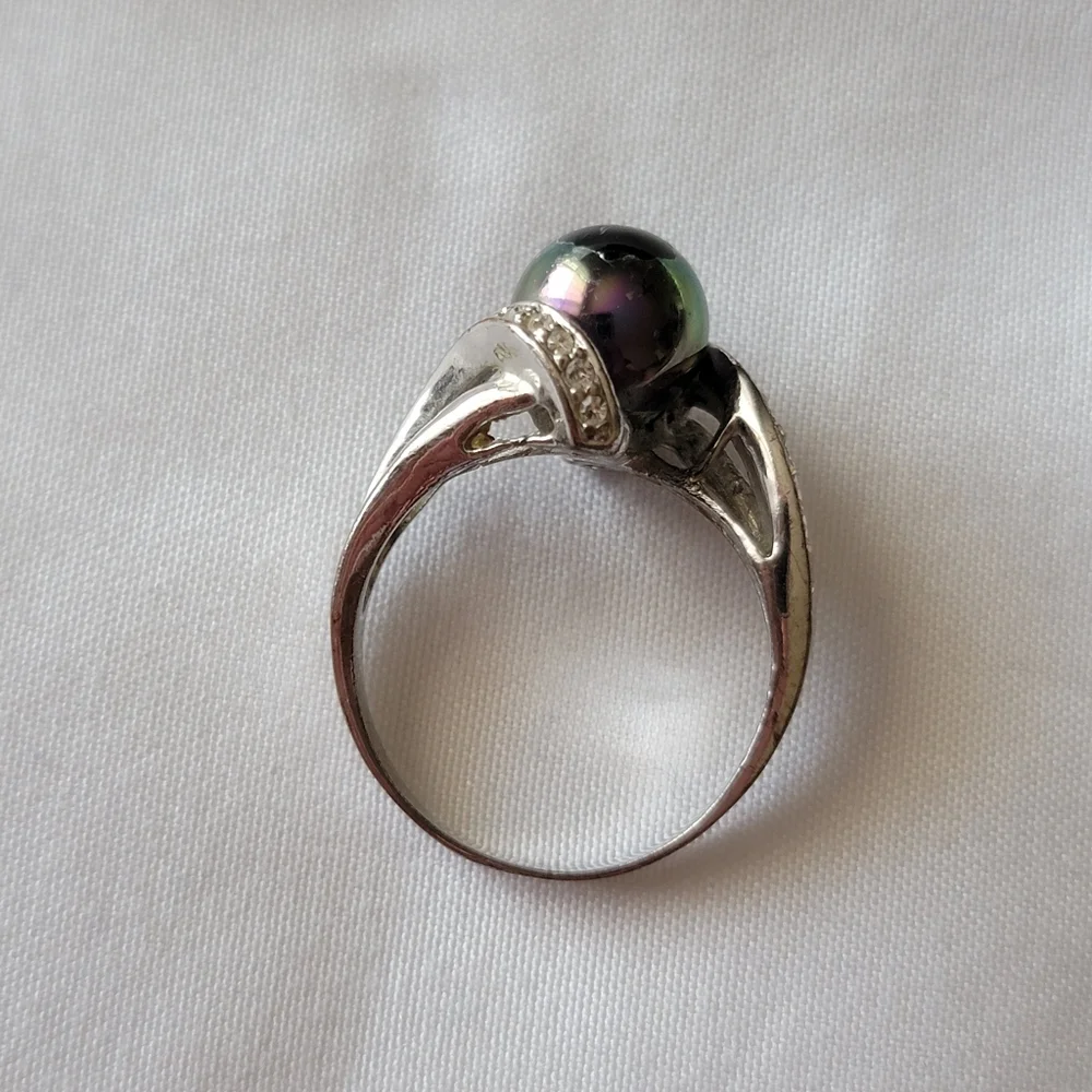 Faux Black Pearl Ring Silver Tone